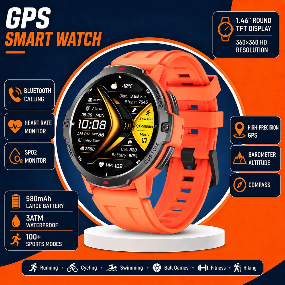 Rugged GPS Smart Watch with Round TFT Display & Bluetooth Calling