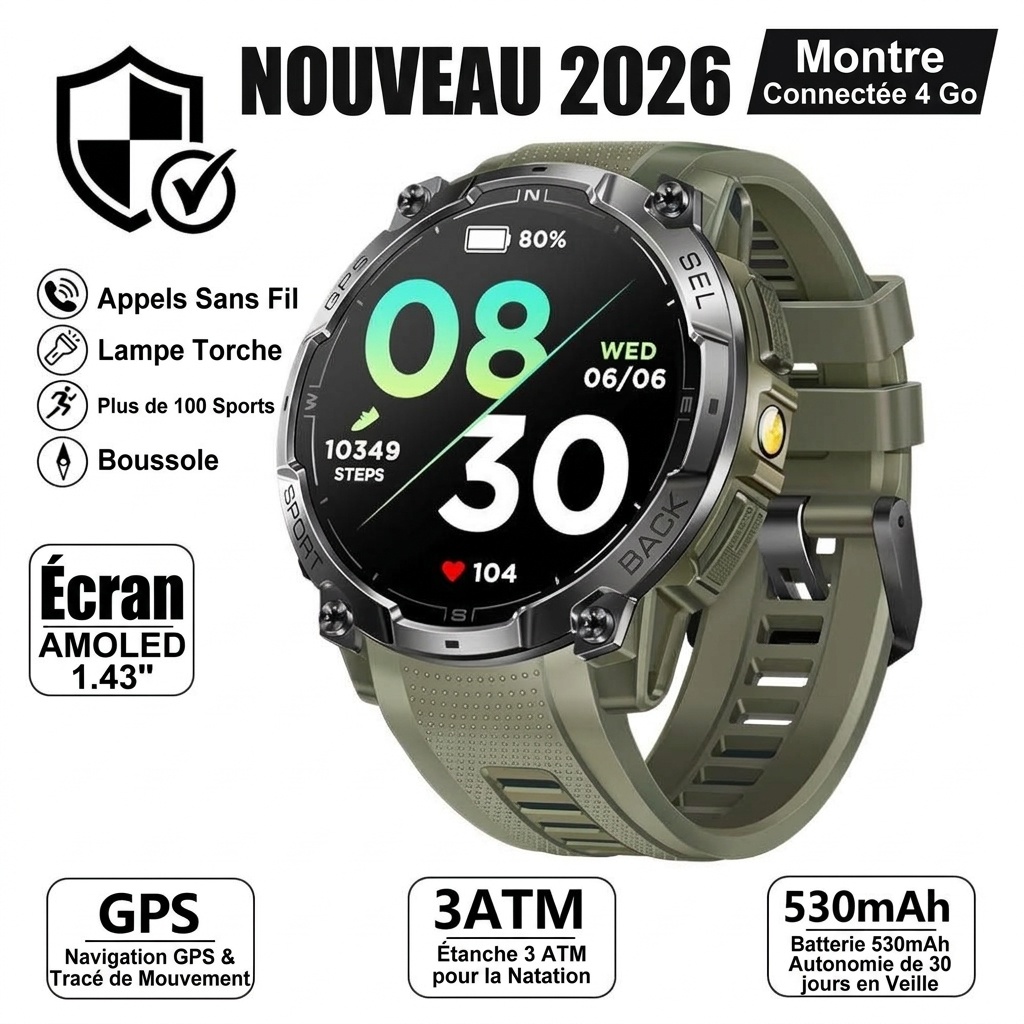 Montre connectée sport GPS K78A avec écran AMOLED rond, étanchéité 3 ATM et appels Bluetooth