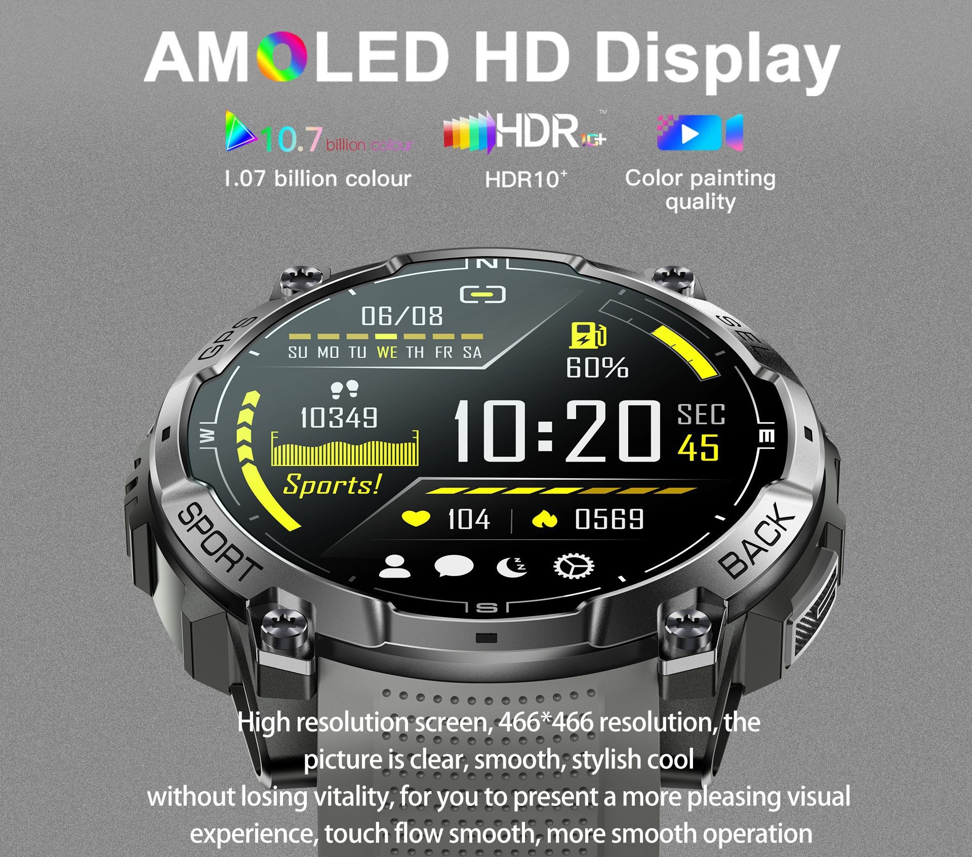 K78A GPS Sports Smart Watch with Round AMOLED Display, 3ATM & BT Call