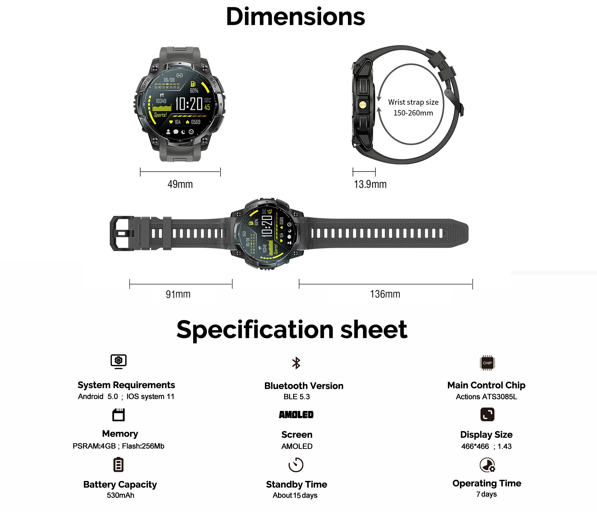 K78A GPS Sports Smart Watch with Round AMOLED Display, 3ATM & BT Call