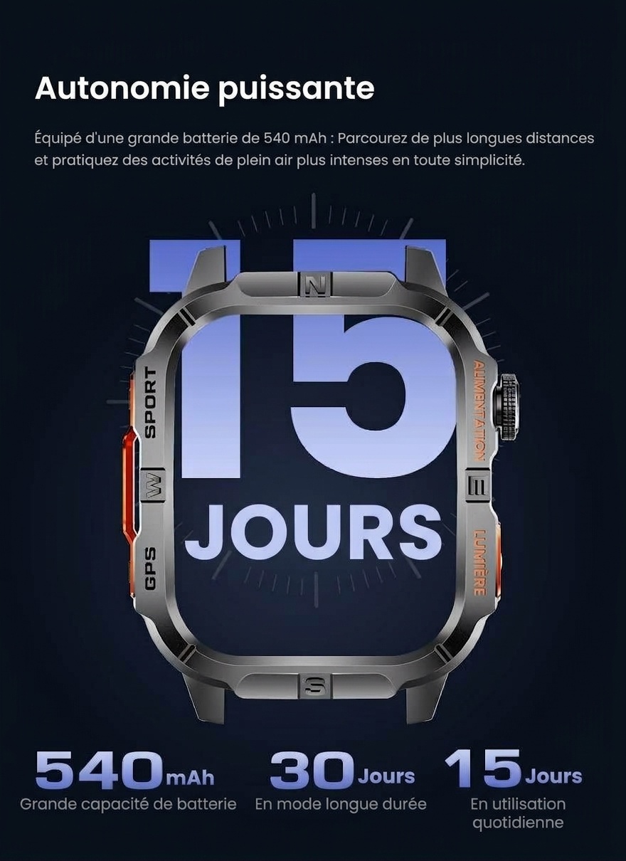 Montre connectée GPS robuste avec écran HD carré et suivi de santé