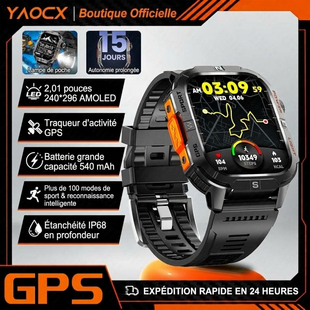 Montre connectée GPS robuste avec écran HD carré et suivi de santé
