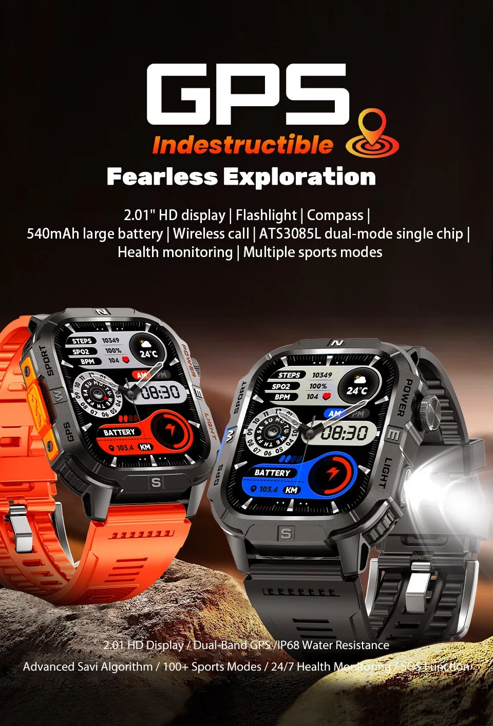 Rugged GPS Smart Watch with Square HD Display & Health Tracker