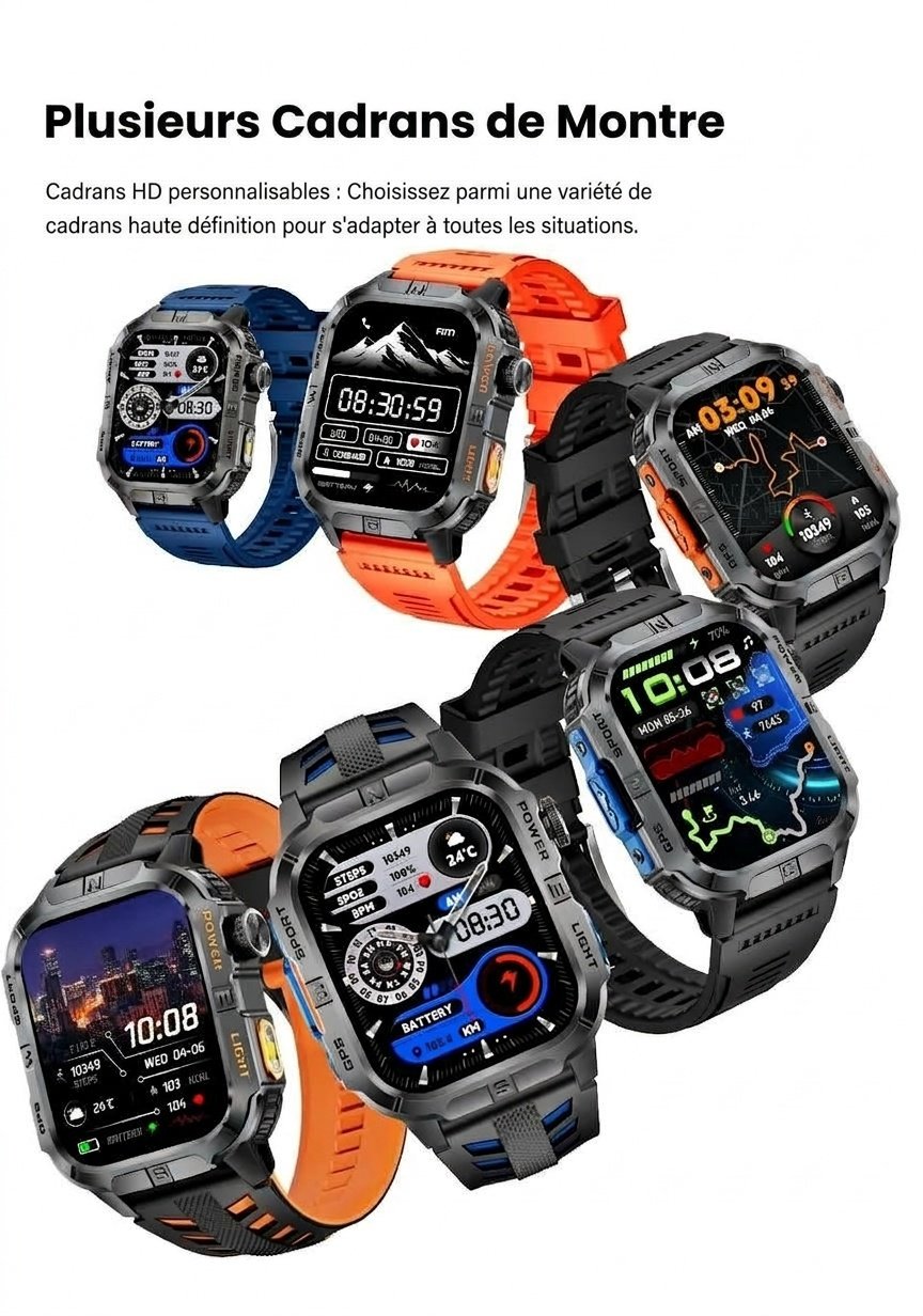 Montre connectée GPS robuste avec écran HD carré et suivi de santé
