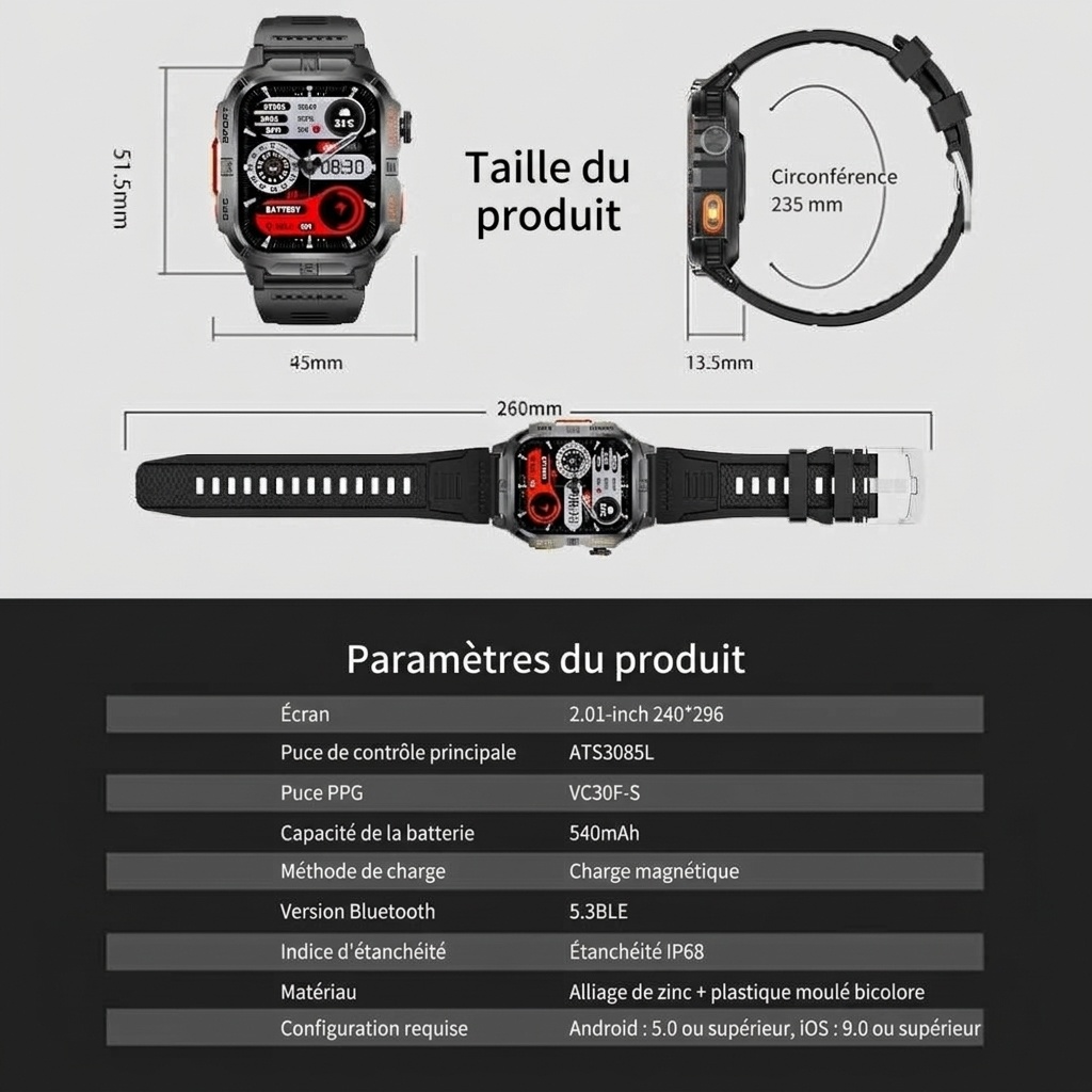 Montre connectée GPS robuste avec écran HD carré et suivi de santé