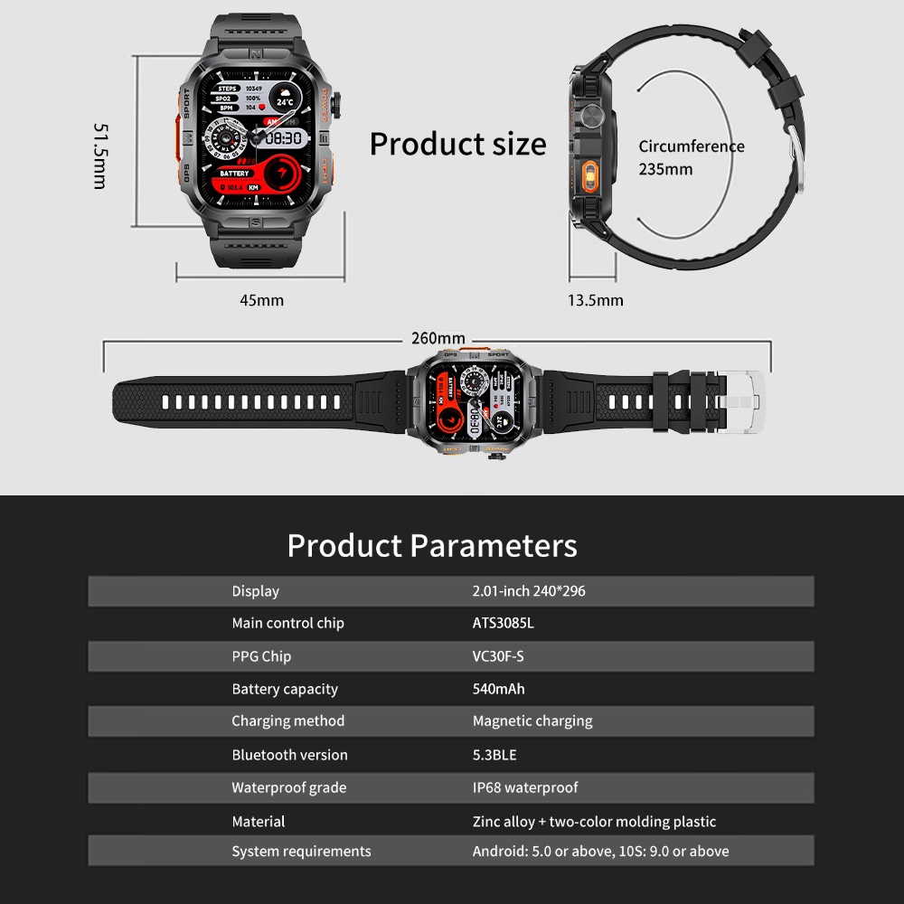 Rugged GPS Smart Watch with Square HD Display & Health Tracker