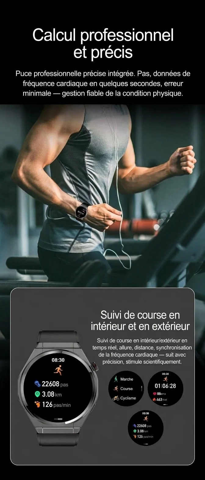 Montre connectée AMOLED avec écran rond, appels Bluetooth et suivi d'activité physique