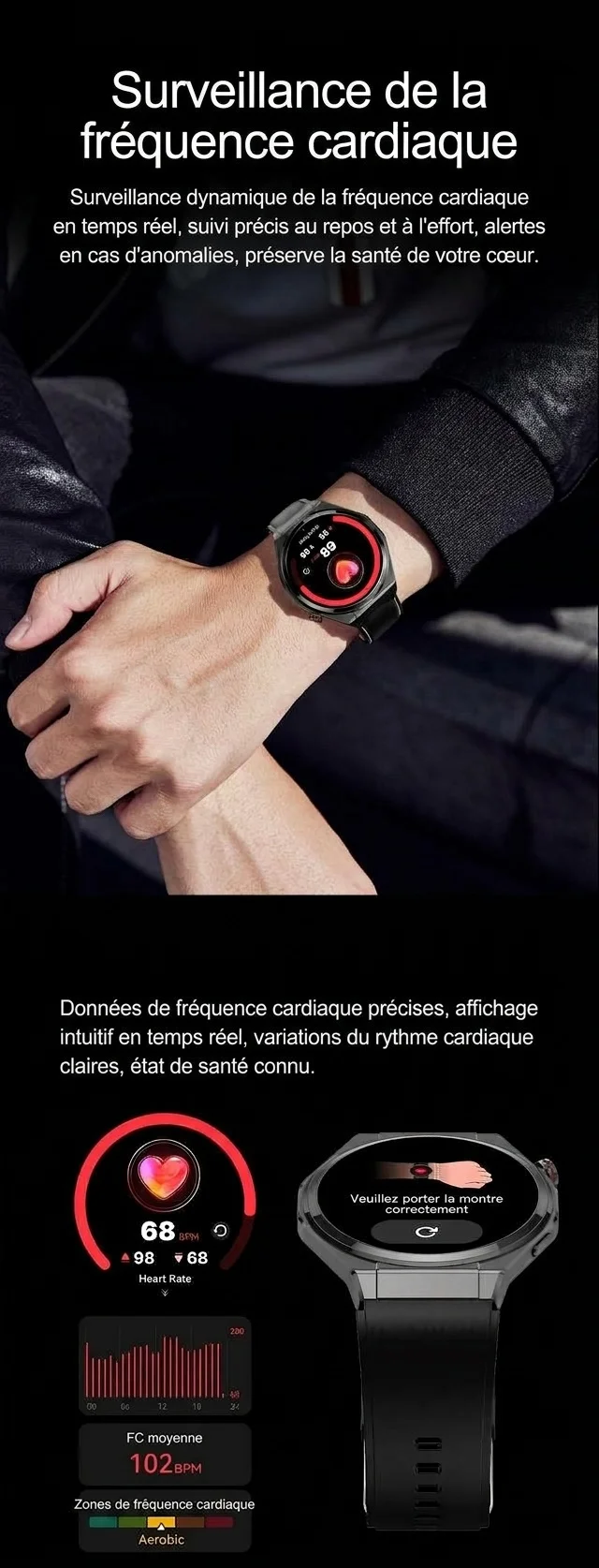 Montre connectée AMOLED avec écran rond, appels Bluetooth et suivi d'activité physique