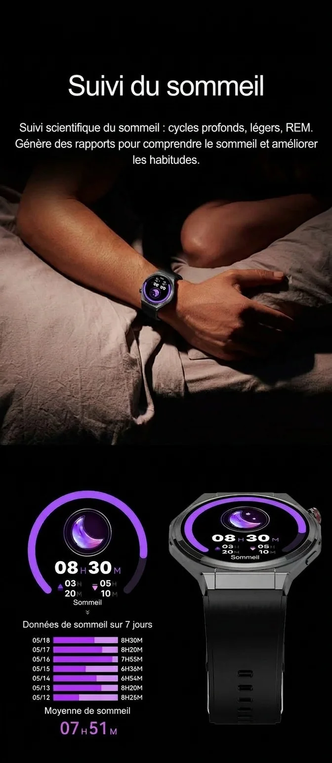 Montre connectée AMOLED avec écran rond, appels Bluetooth et suivi d'activité physique