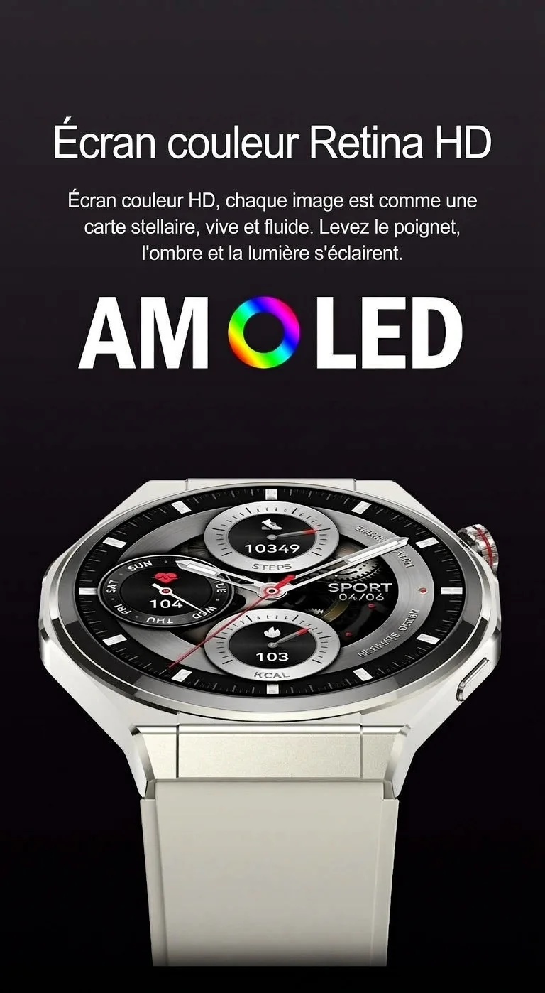 Montre connectée AMOLED avec écran rond, appels Bluetooth et suivi d'activité physique