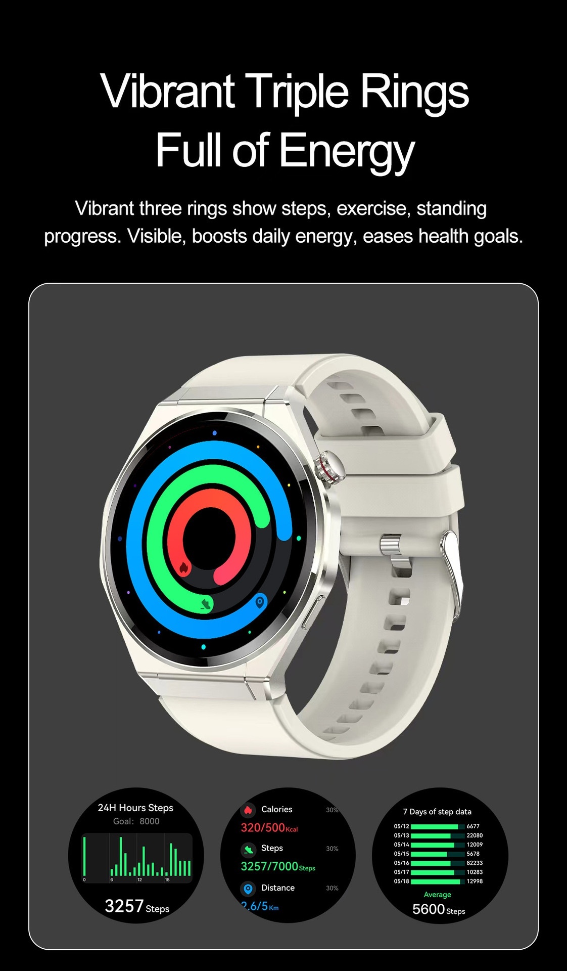 Montre connectée AMOLED avec écran rond, appels Bluetooth et suivi d'activité physique