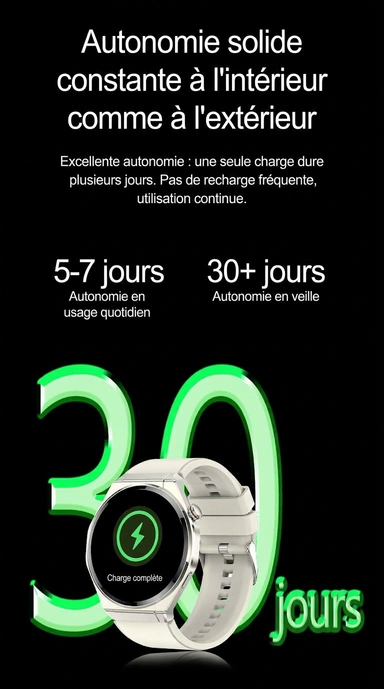 Montre connectée AMOLED avec écran rond, appels Bluetooth et suivi d'activité physique