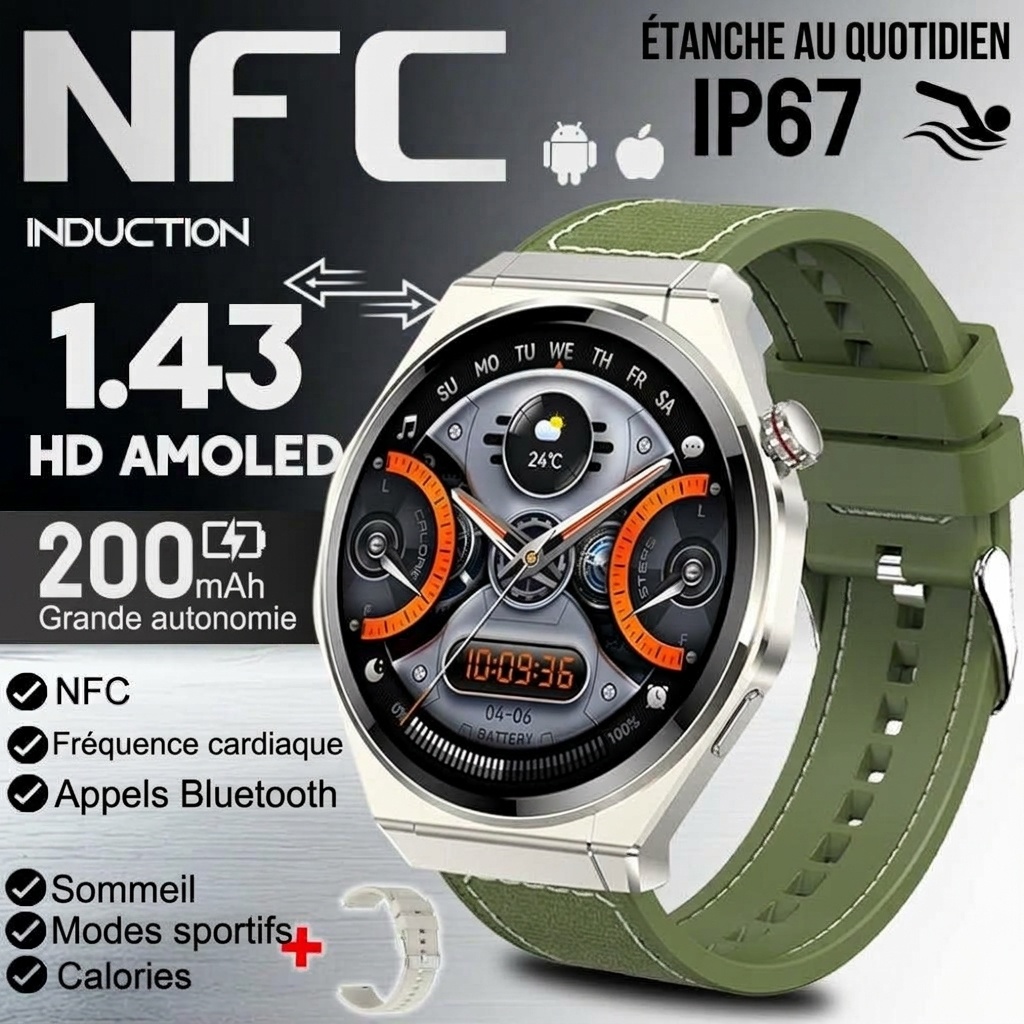 Montre connectée AMOLED avec écran rond, appels Bluetooth et suivi d'activité physique