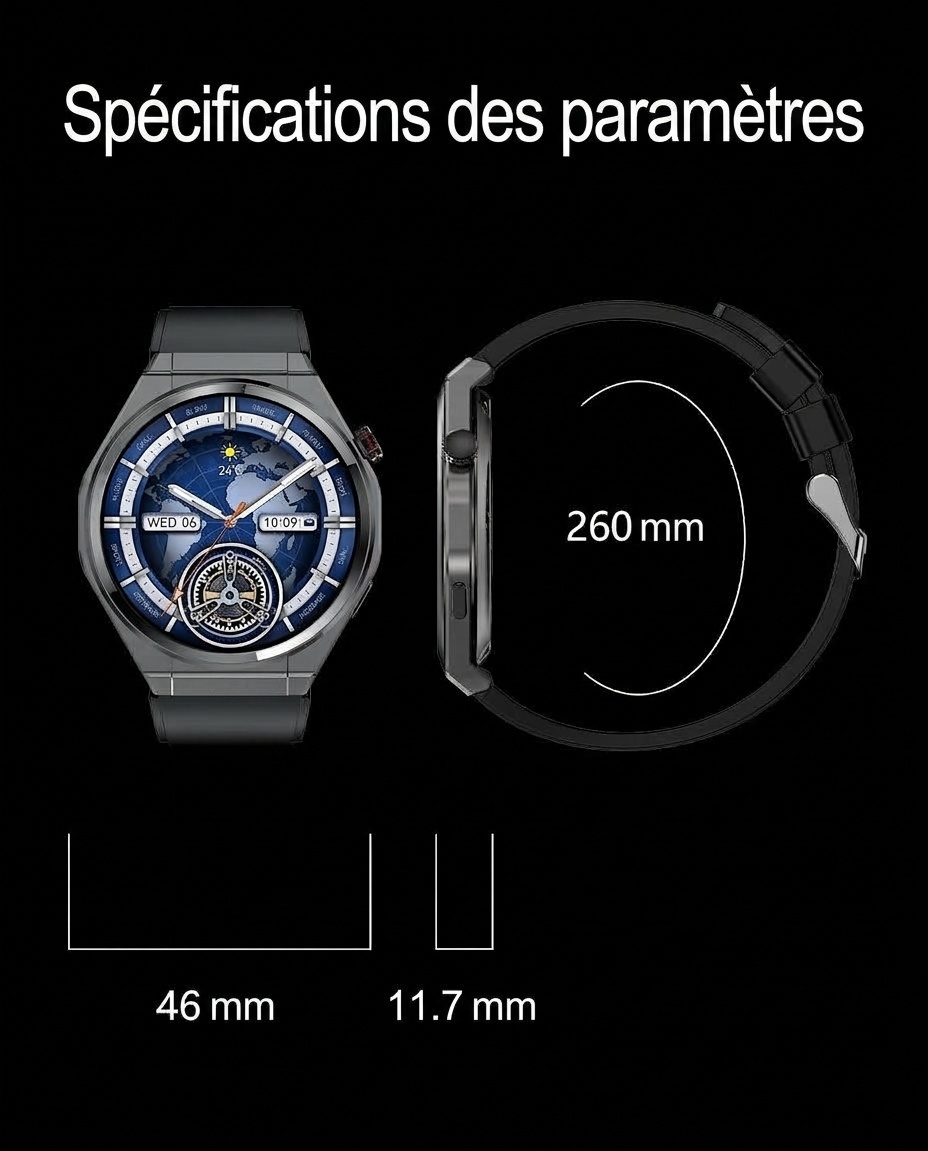 Montre connectée AMOLED avec écran rond, appels Bluetooth et suivi d'activité physique