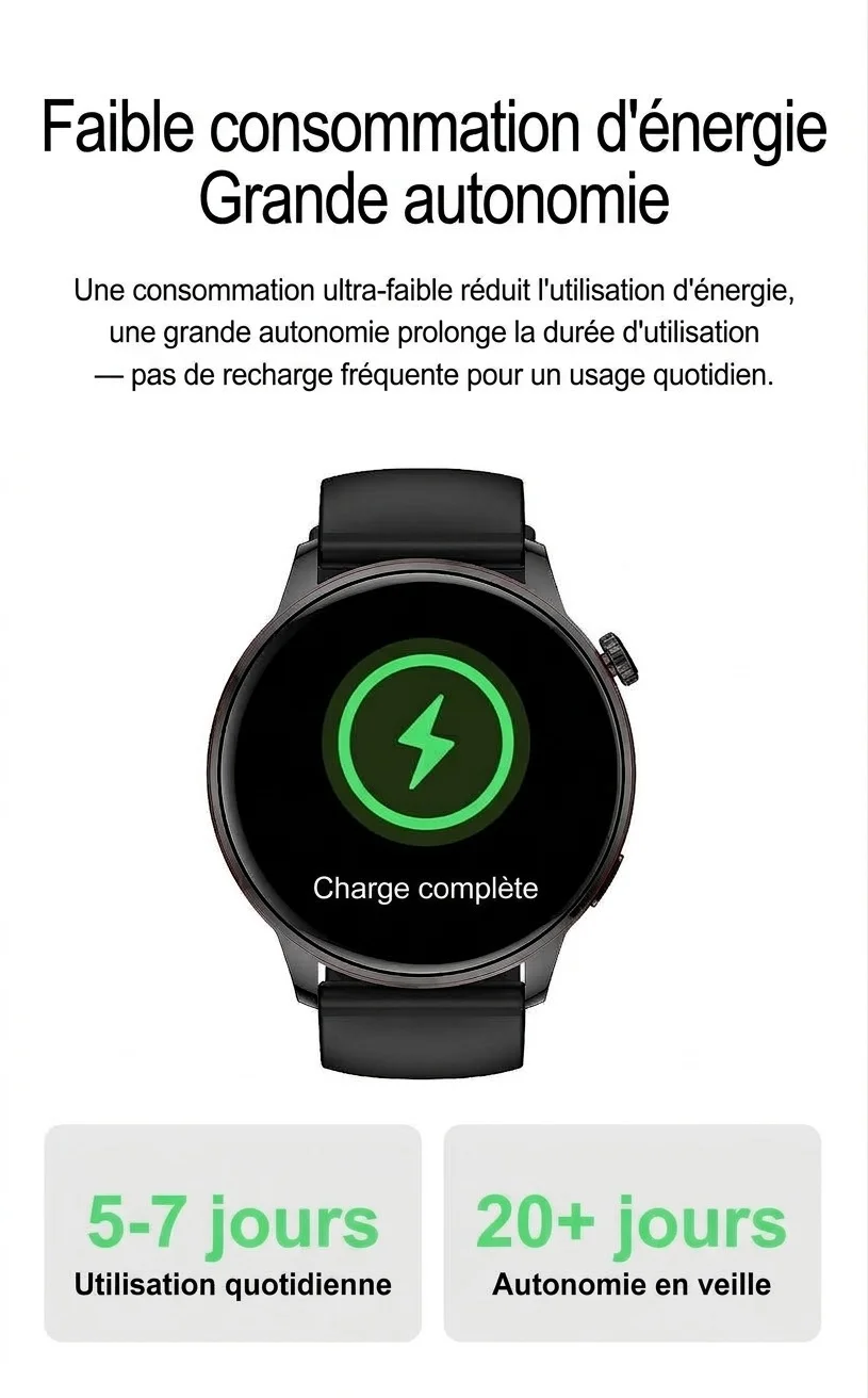 Montre connectée avec écran rond AMOLED HD et appels Bluetooth