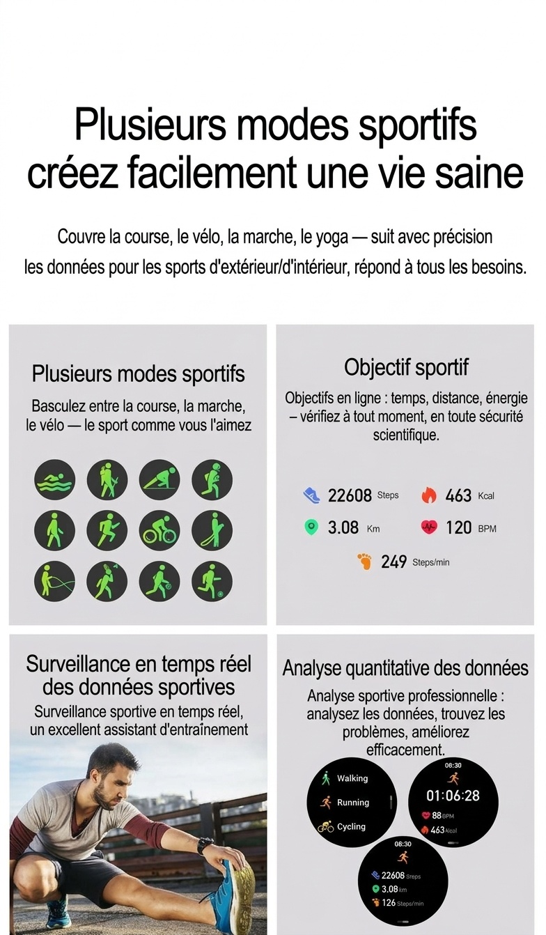 Montre connectée avec écran rond AMOLED HD et appels Bluetooth