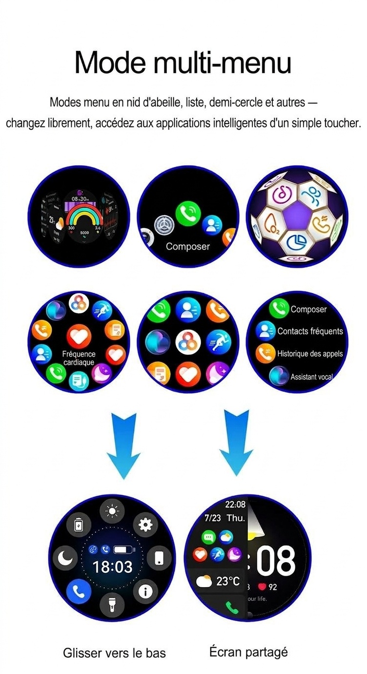 Montre connectée avec écran rond AMOLED HD et appels Bluetooth