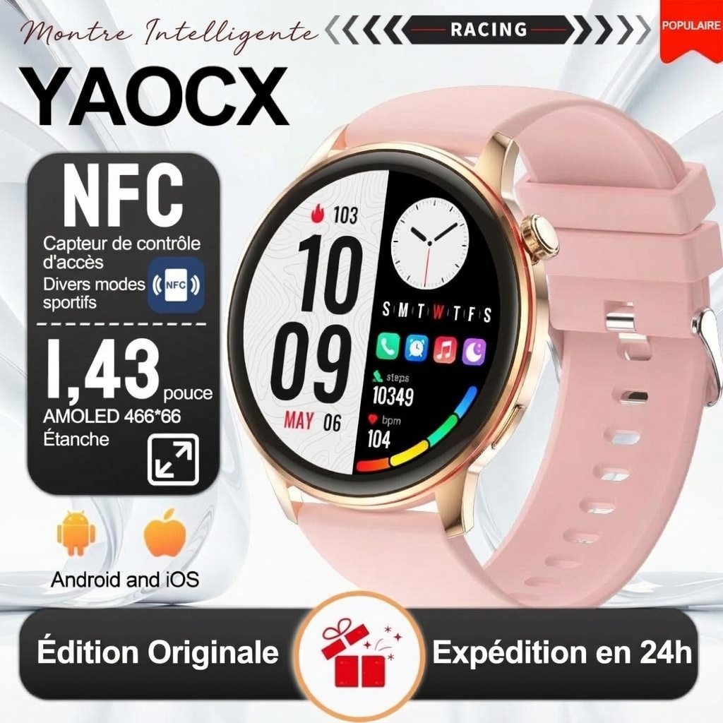 Montre connectée avec écran rond AMOLED HD et appels Bluetooth