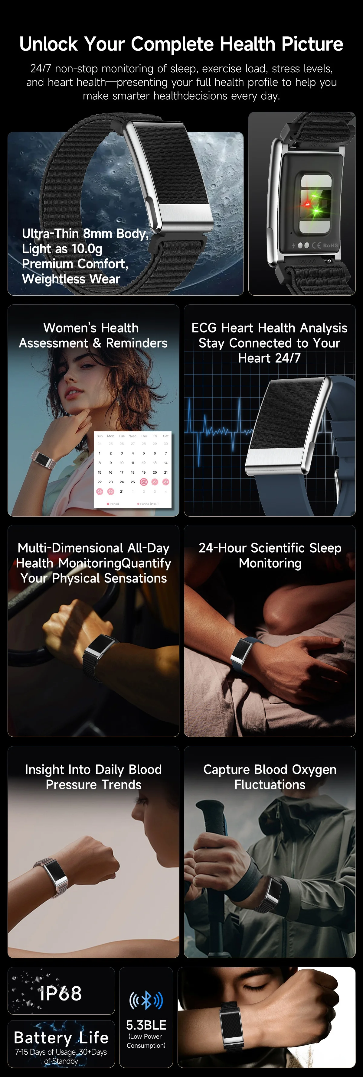 Screenless Smart Health Tracker Band with ECG, Heart Rate & SpO2