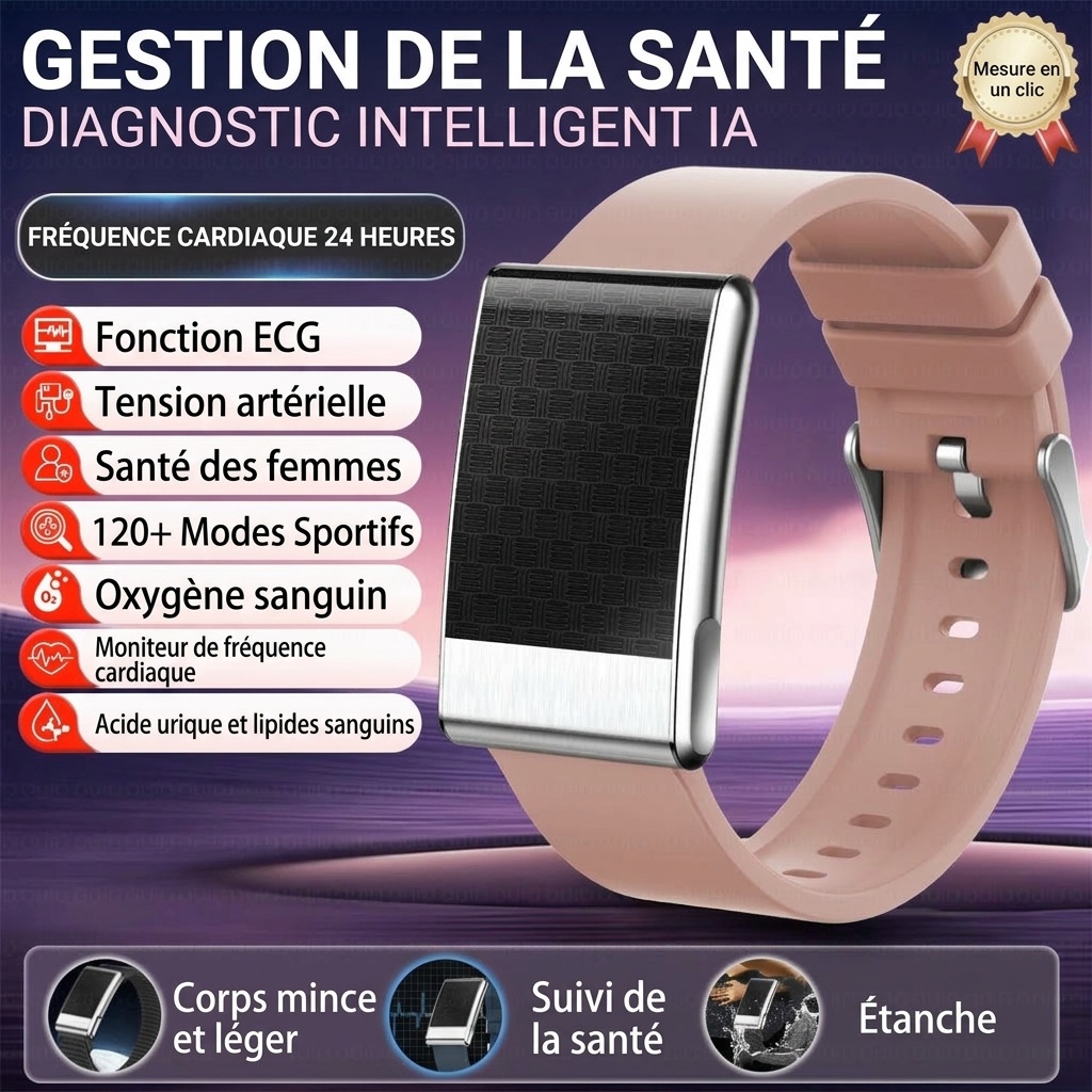 Bracelet connecté sans écran pour le suivi de santé avec ECG, fréquence cardiaque et SpO2
