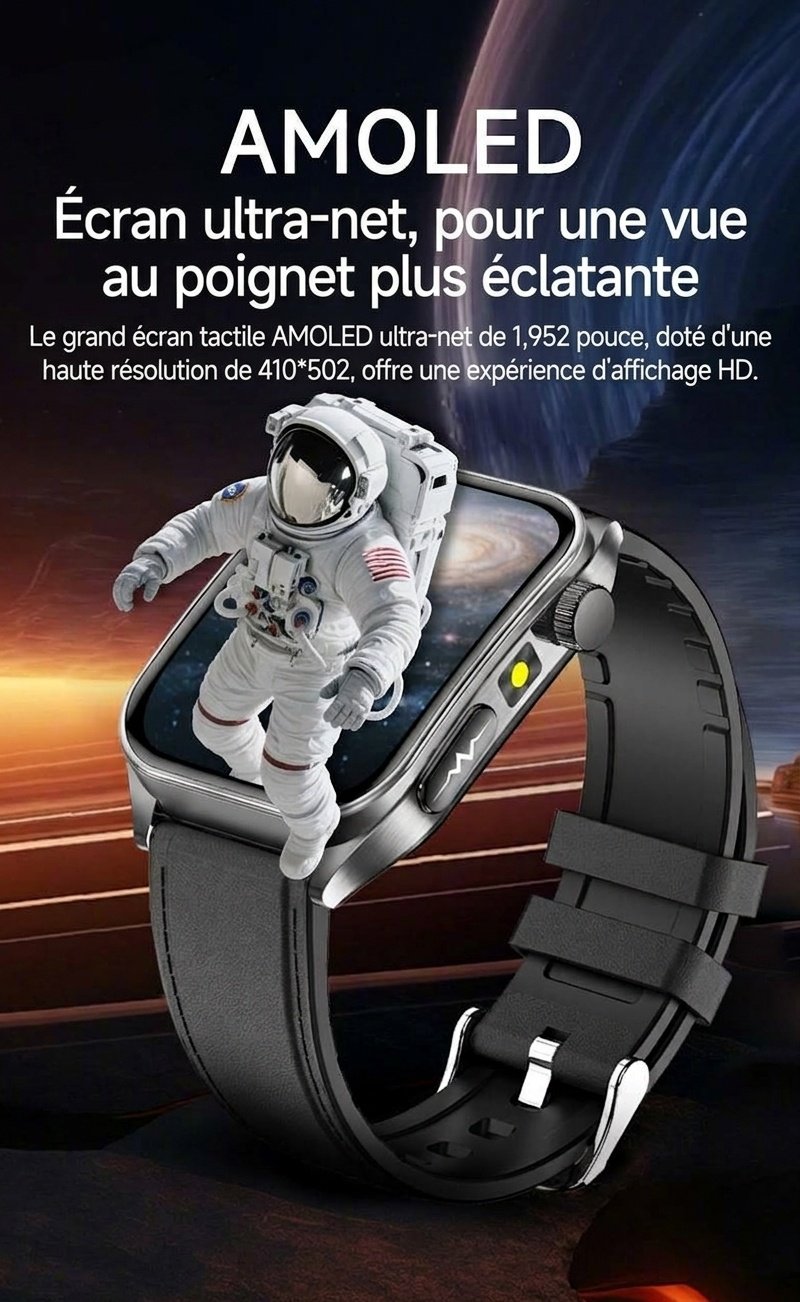 Montre connectée de santé avec écran AMOLED carré, ECG et thérapie laser