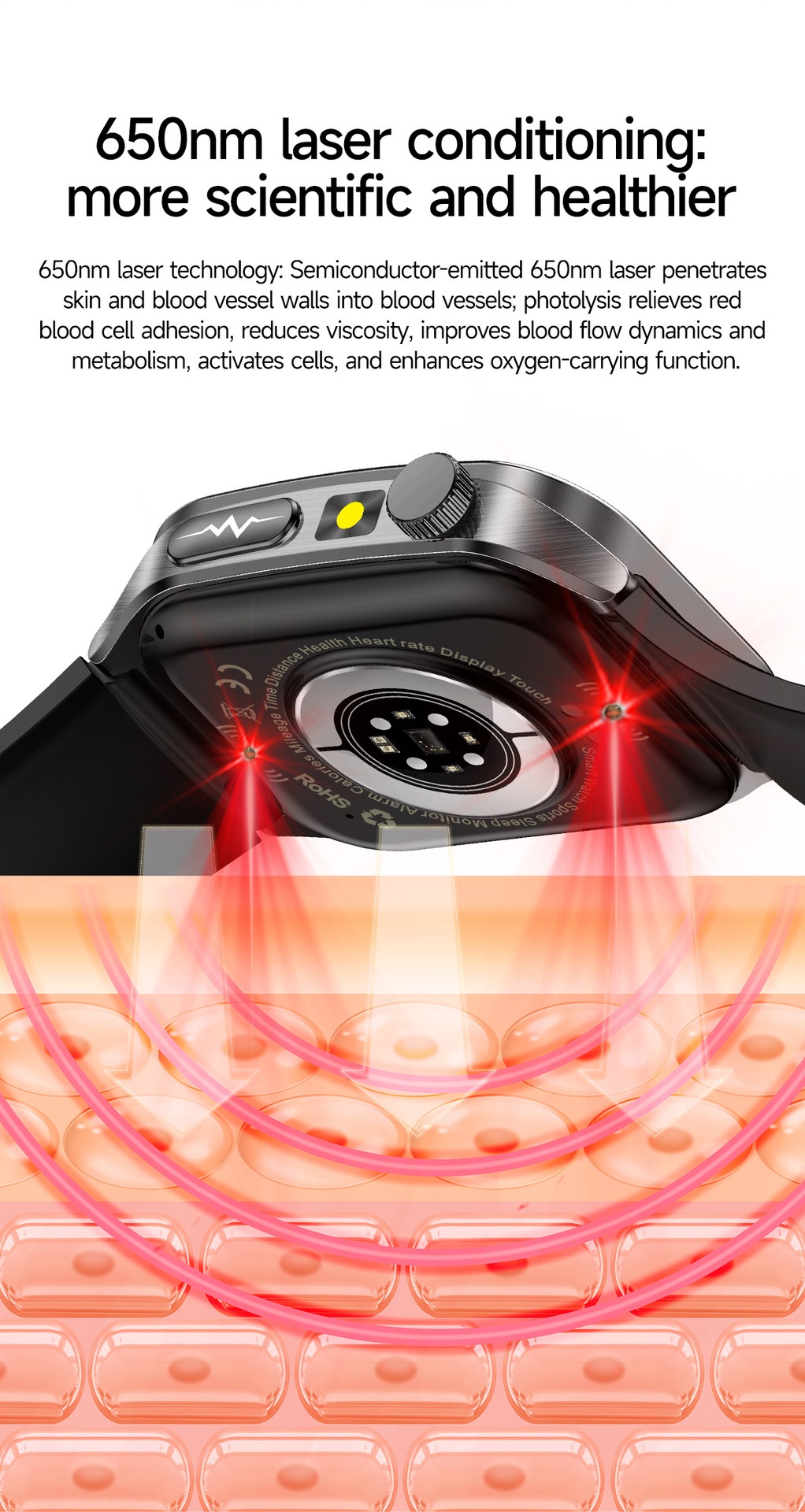 Smart Health Watch with Square AMOLED Display, ECG & Laser Therapy
