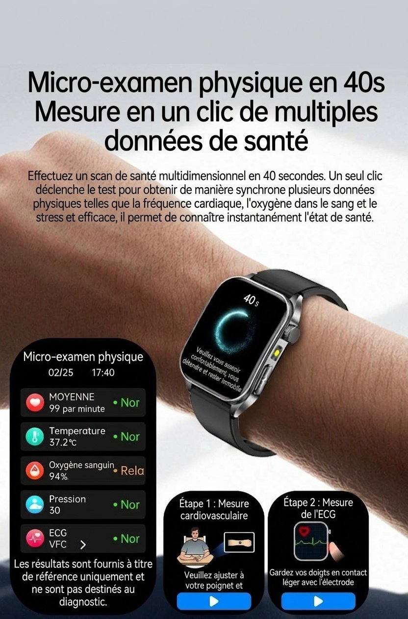 Montre connectée de santé avec écran AMOLED carré, ECG et thérapie laser