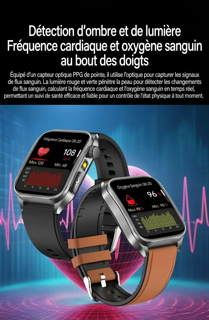 Montre connectée de santé avec écran AMOLED carré, ECG et thérapie laser