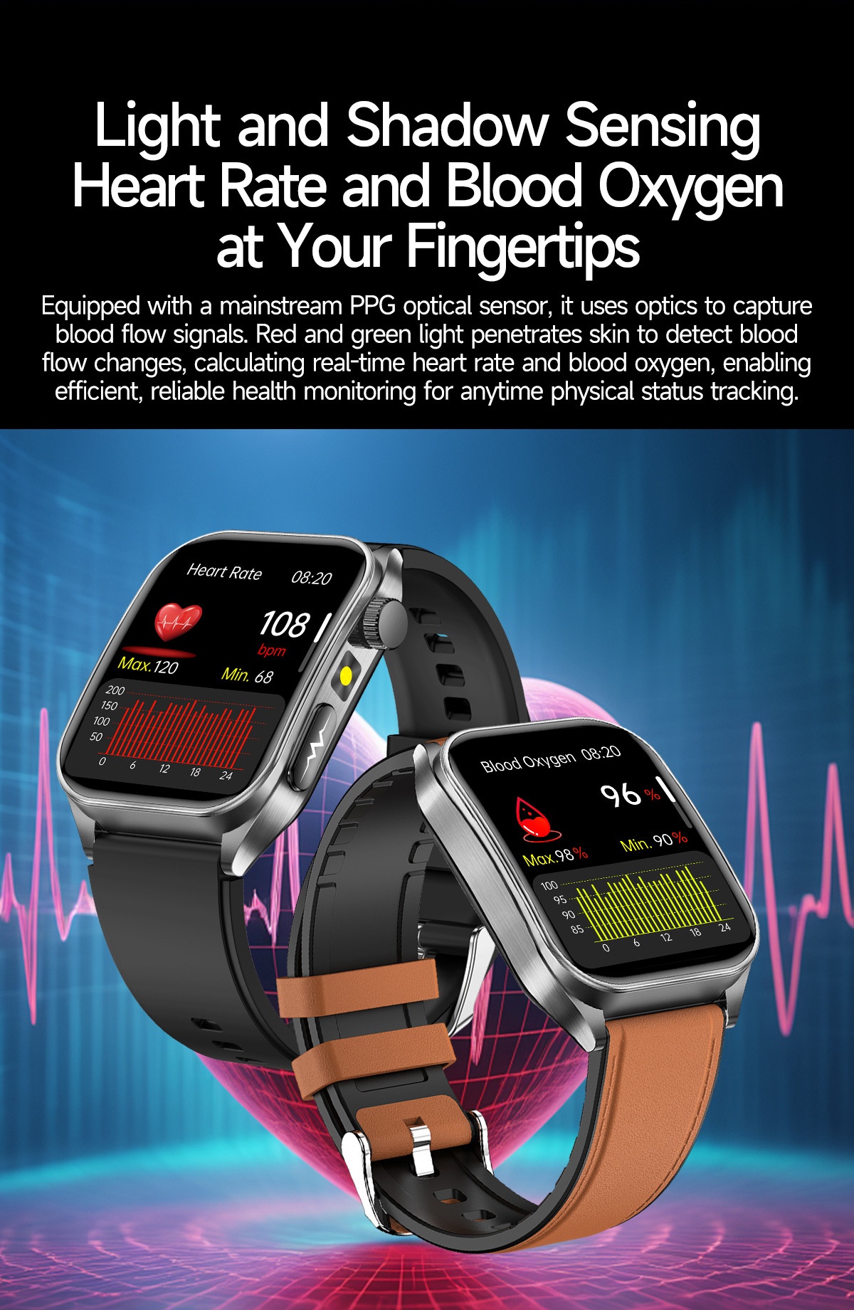 Smart Health Watch with Square AMOLED Display, ECG & Laser Therapy