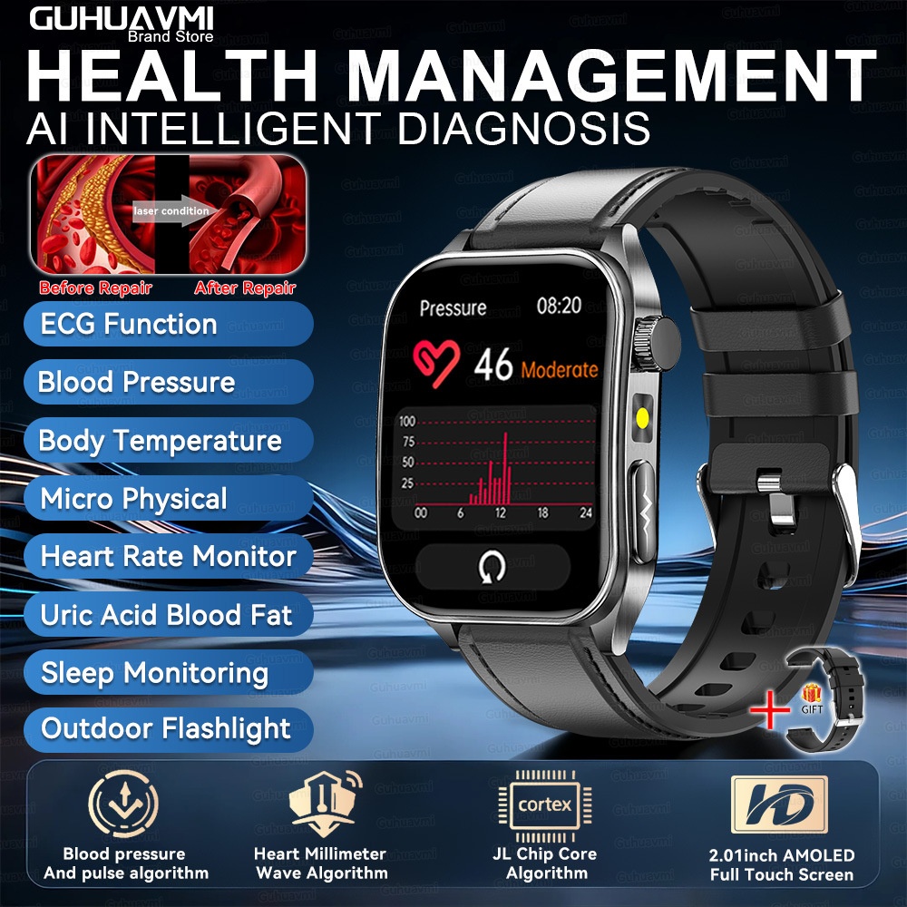 Smart Health Watch with Square AMOLED Display, ECG & Laser Therapy