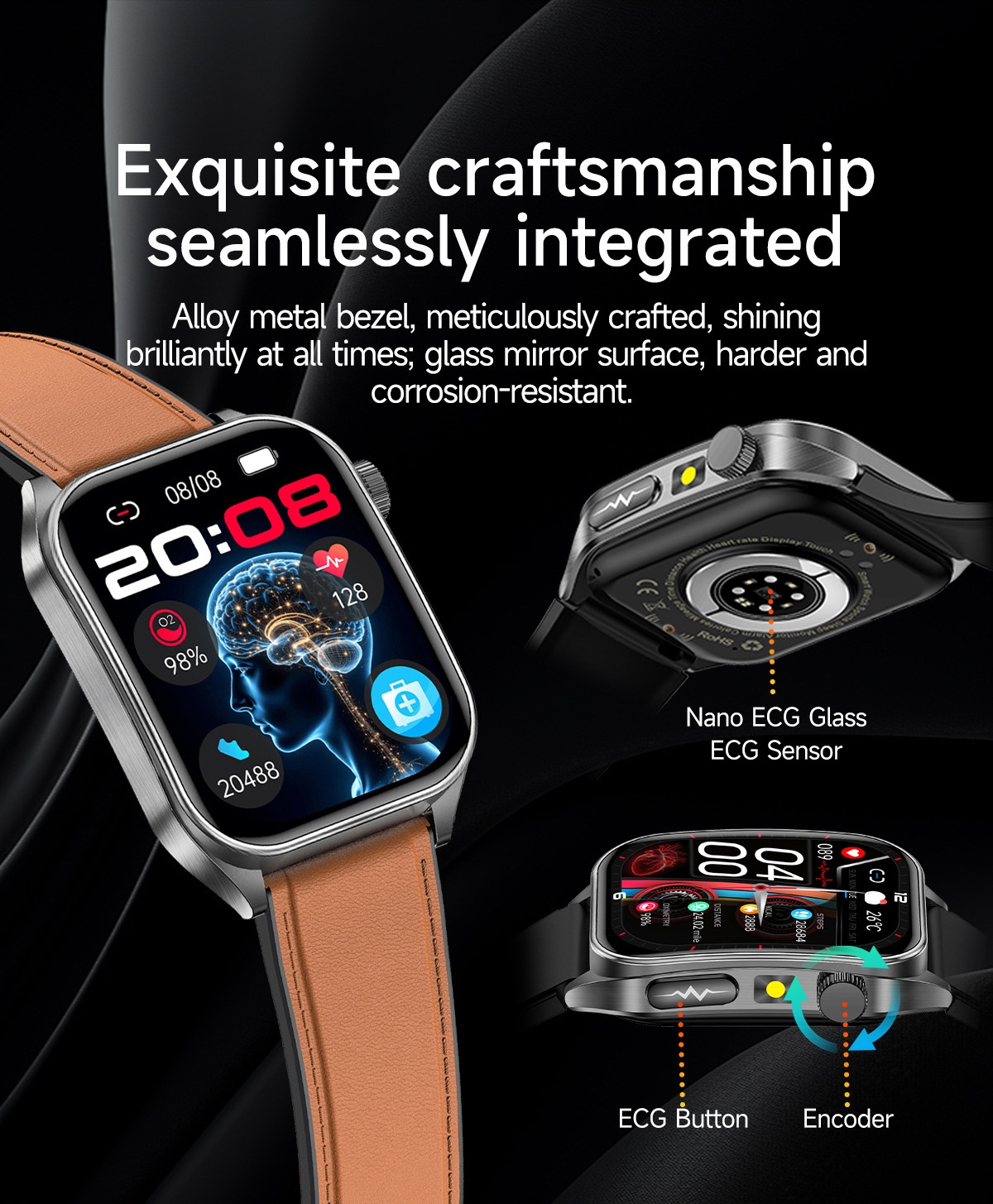 Smart Health Watch with Square AMOLED Display, ECG & Laser Therapy