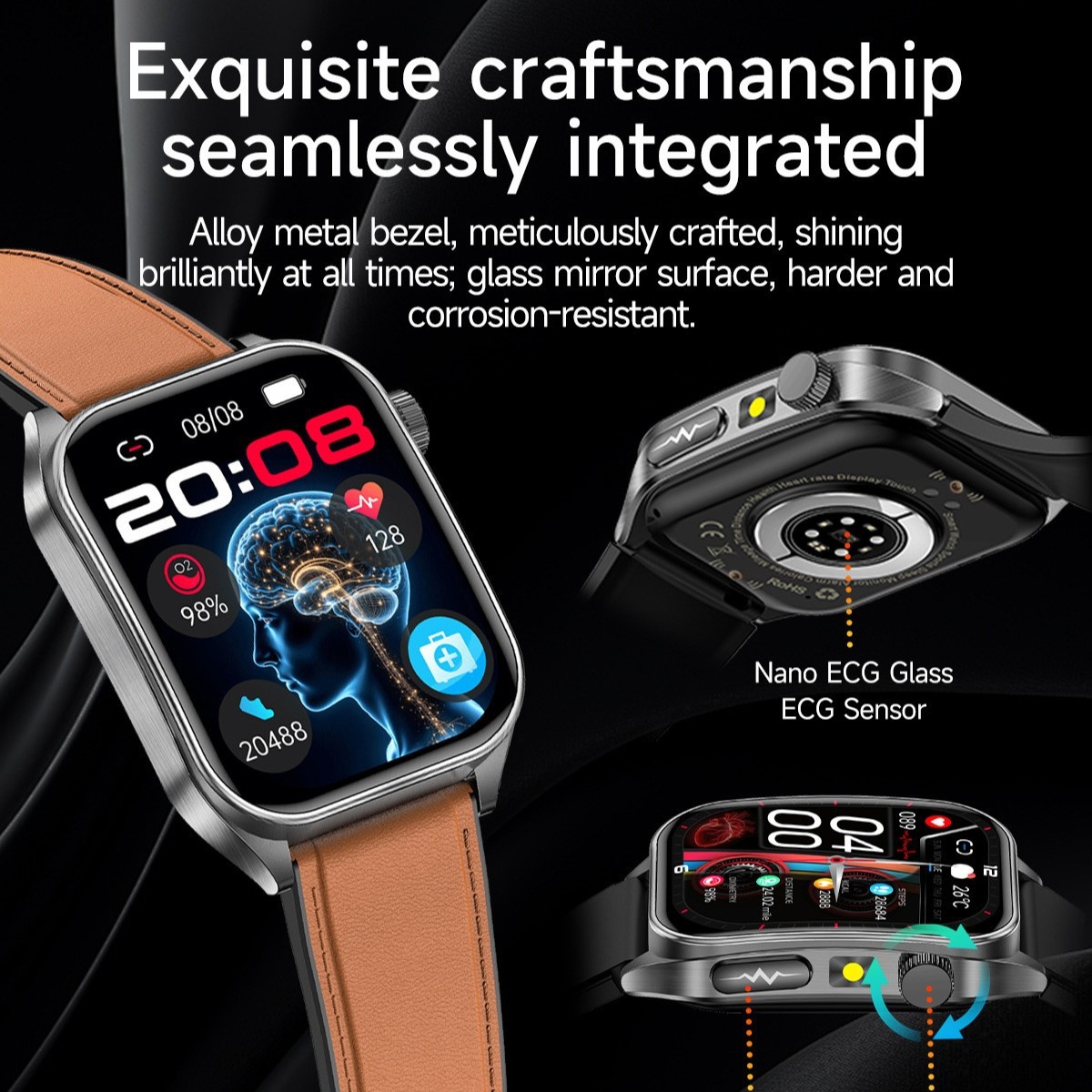 Smart Health Watch with Square AMOLED Display, ECG & Laser Therapy