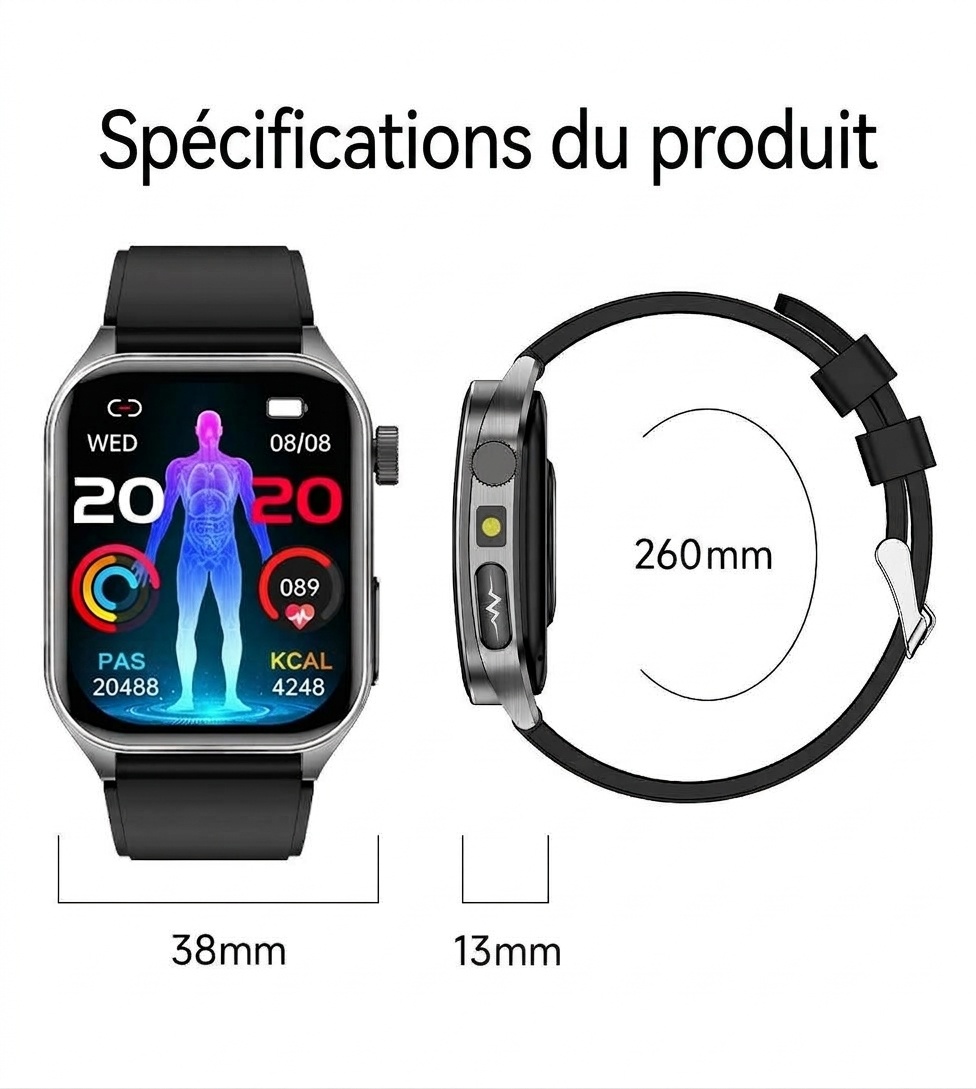 Montre connectée de santé avec écran AMOLED carré, ECG et thérapie laser
