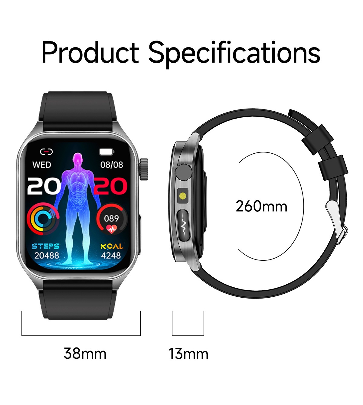 Smart Health Watch with Square AMOLED Display, ECG & Laser Therapy