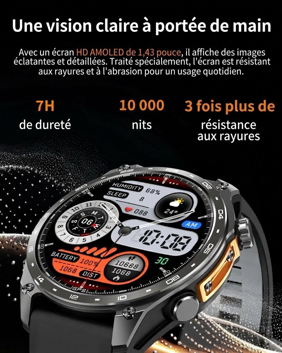 Montre connectée GPS HD300 Pro avec écran AMOLED rond et 4 Go de cartes hors ligne
