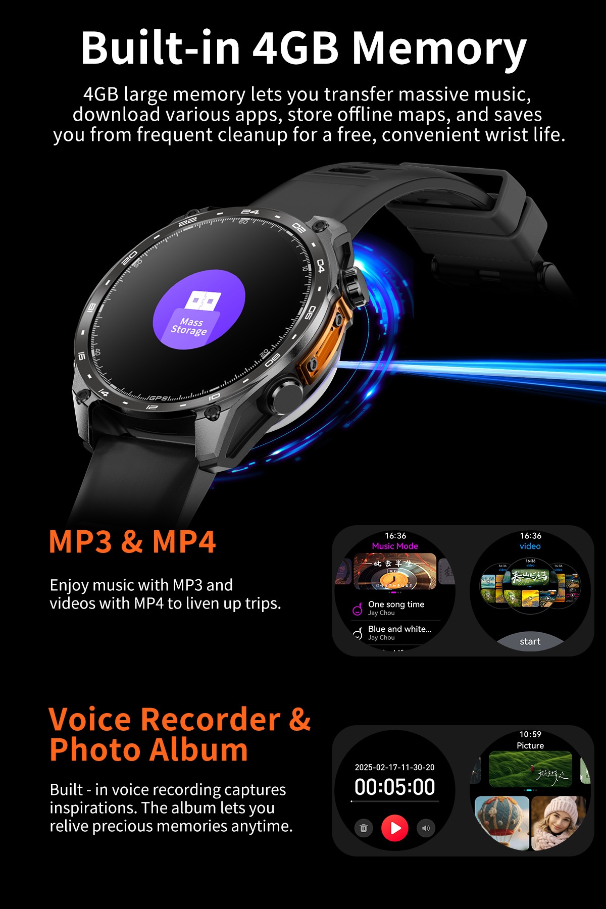 HD300 Pro GPS Smart Watch with Round AMOLED Display & 4GB Offline Maps