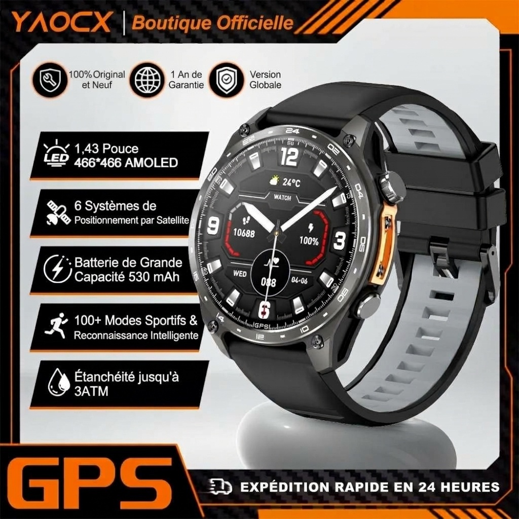 Montre connectée GPS HD300 Pro avec écran AMOLED rond et 4 Go de cartes hors ligne