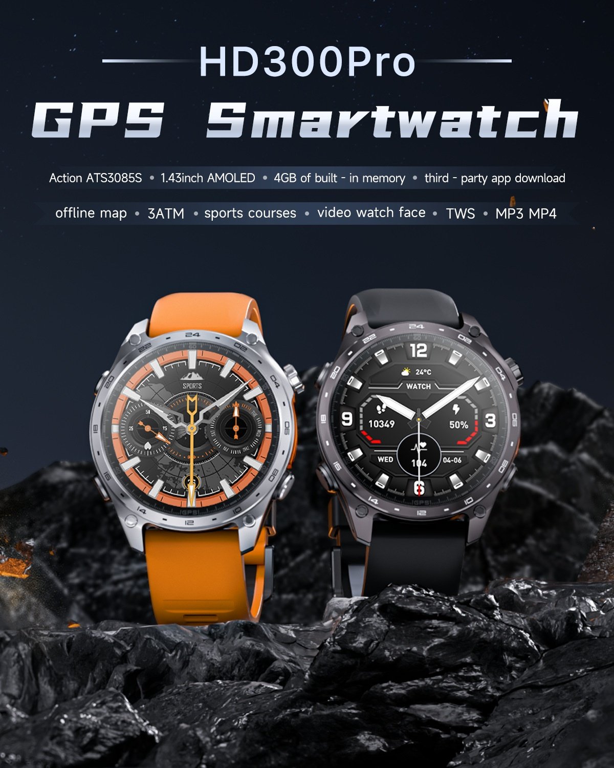 HD300 Pro GPS Smart Watch with Round AMOLED Display & 4GB Offline Maps