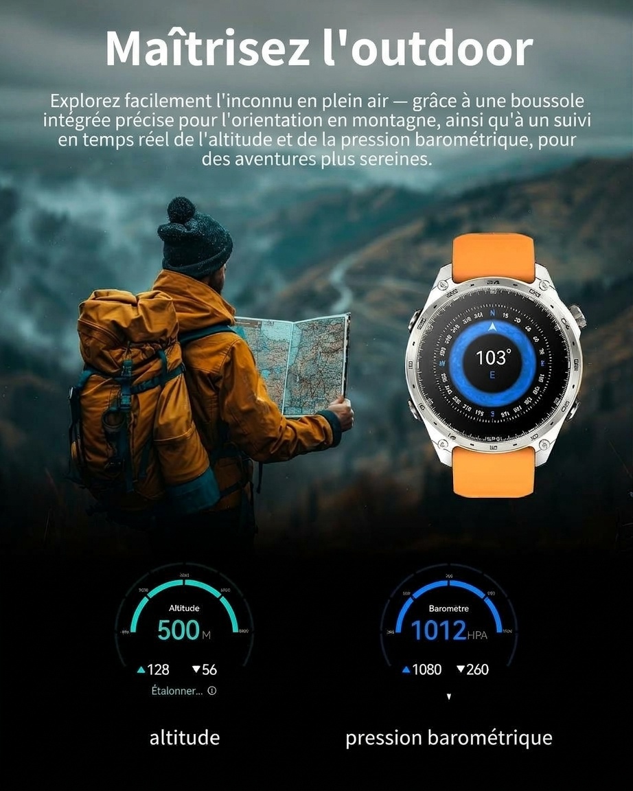Montre connectée GPS HD300 Pro avec écran AMOLED rond et 4 Go de cartes hors ligne