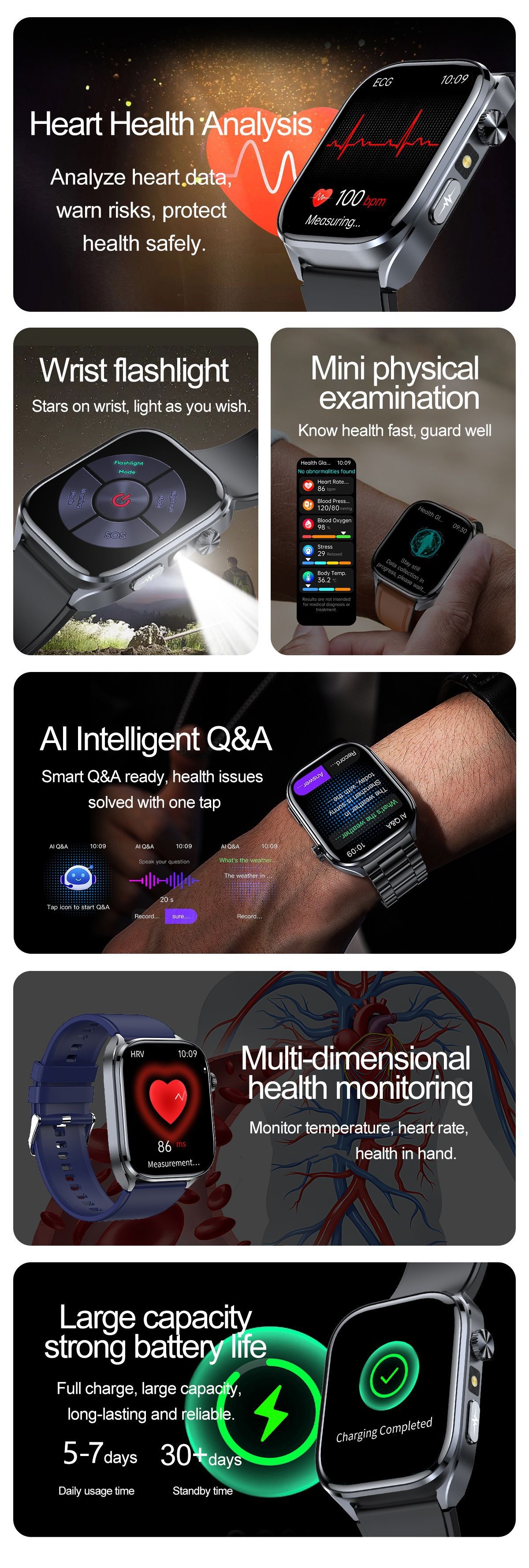 Smart Health ECG Watch with Square HD Screen & Bluetooth Calling