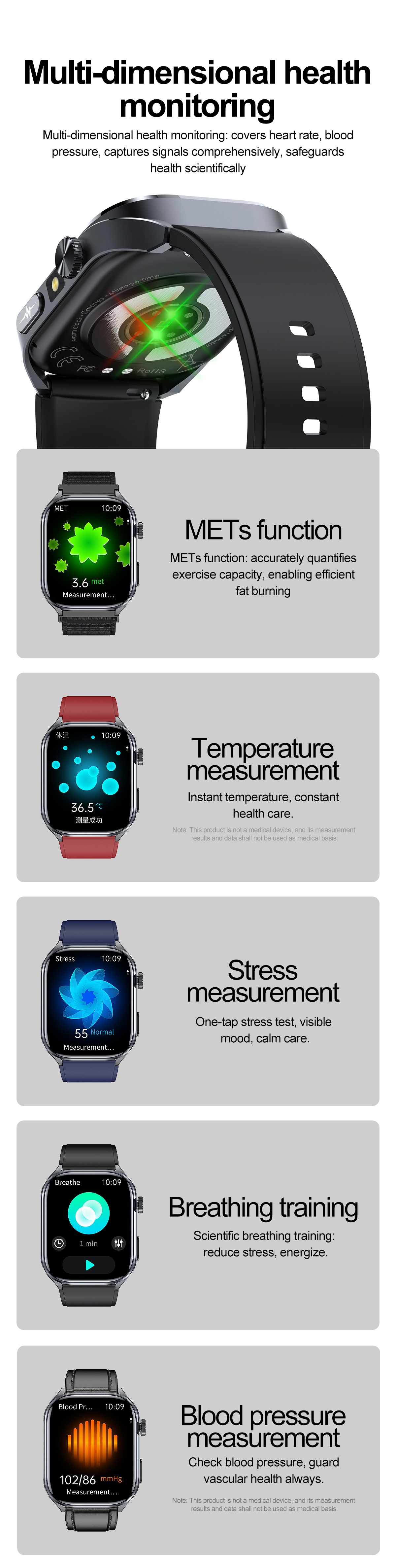 Smart Health ECG Watch with Square HD Screen & Bluetooth Calling