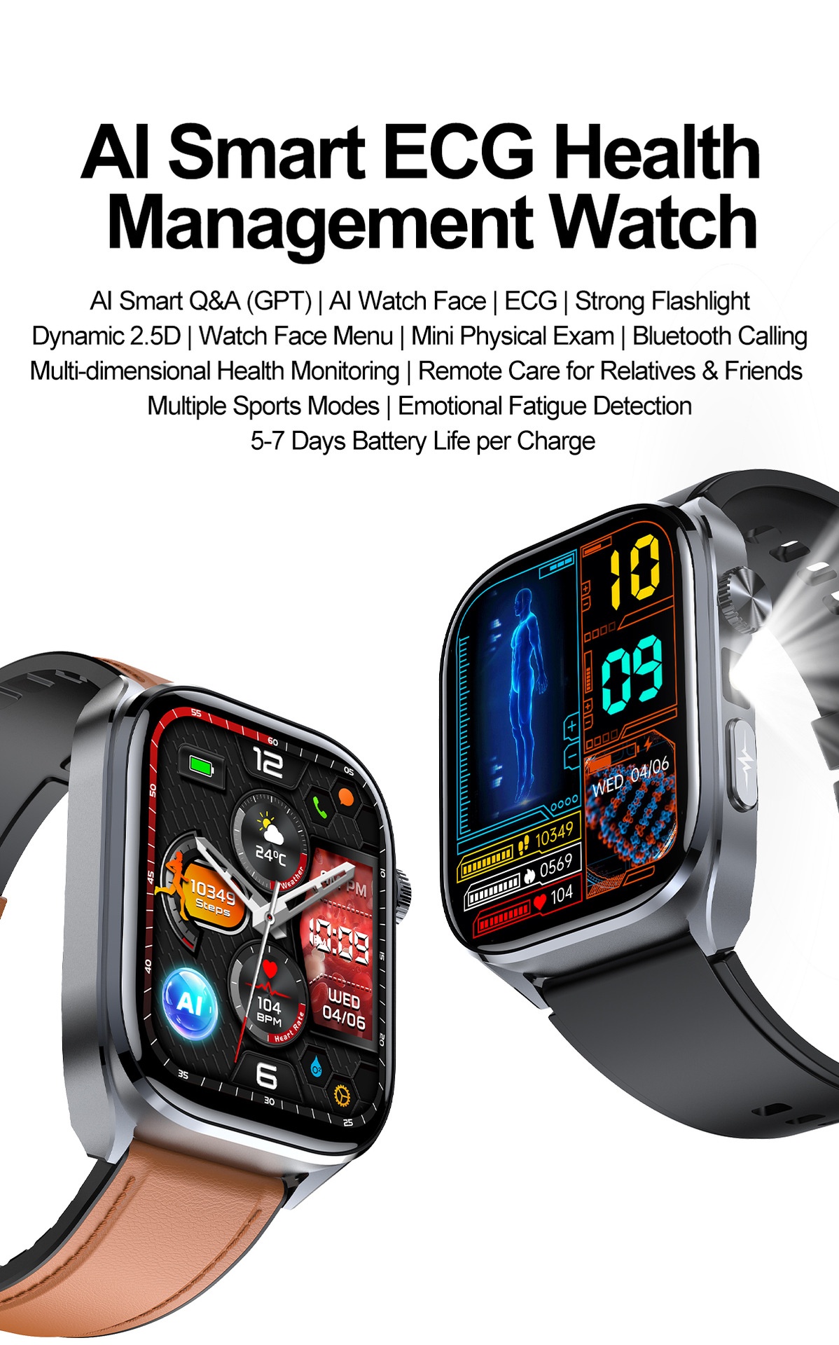 Smart Health ECG Watch with Square HD Screen & Bluetooth Calling