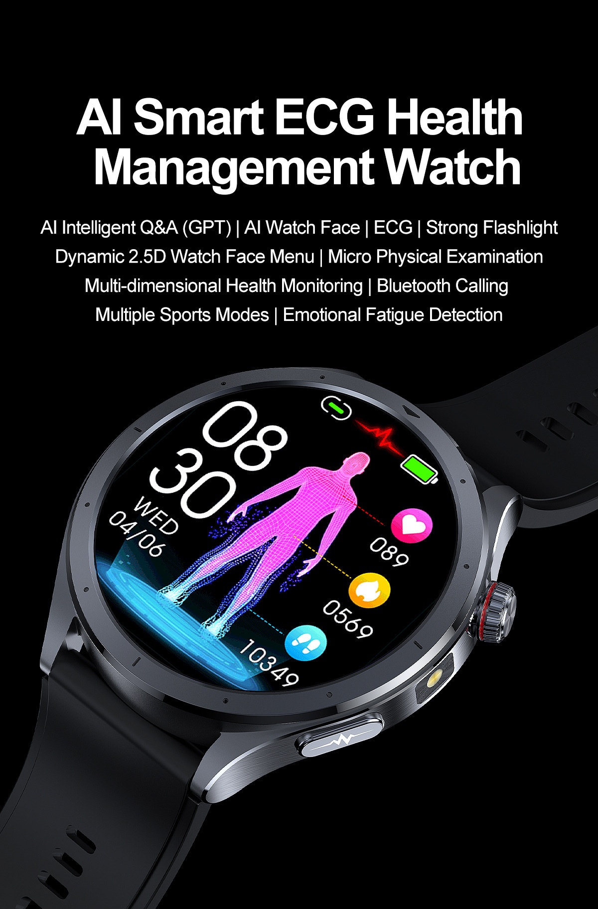 AI Smart ECG Health Watch with Round AMOLED Display & Bluetooth Calling