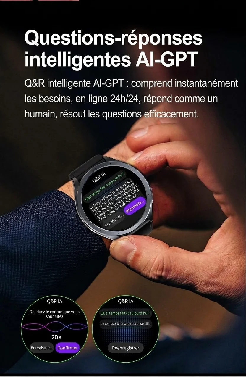 Montre connectée ECG avec intelligence artificielle, écran AMOLED rond et appels Bluetooth