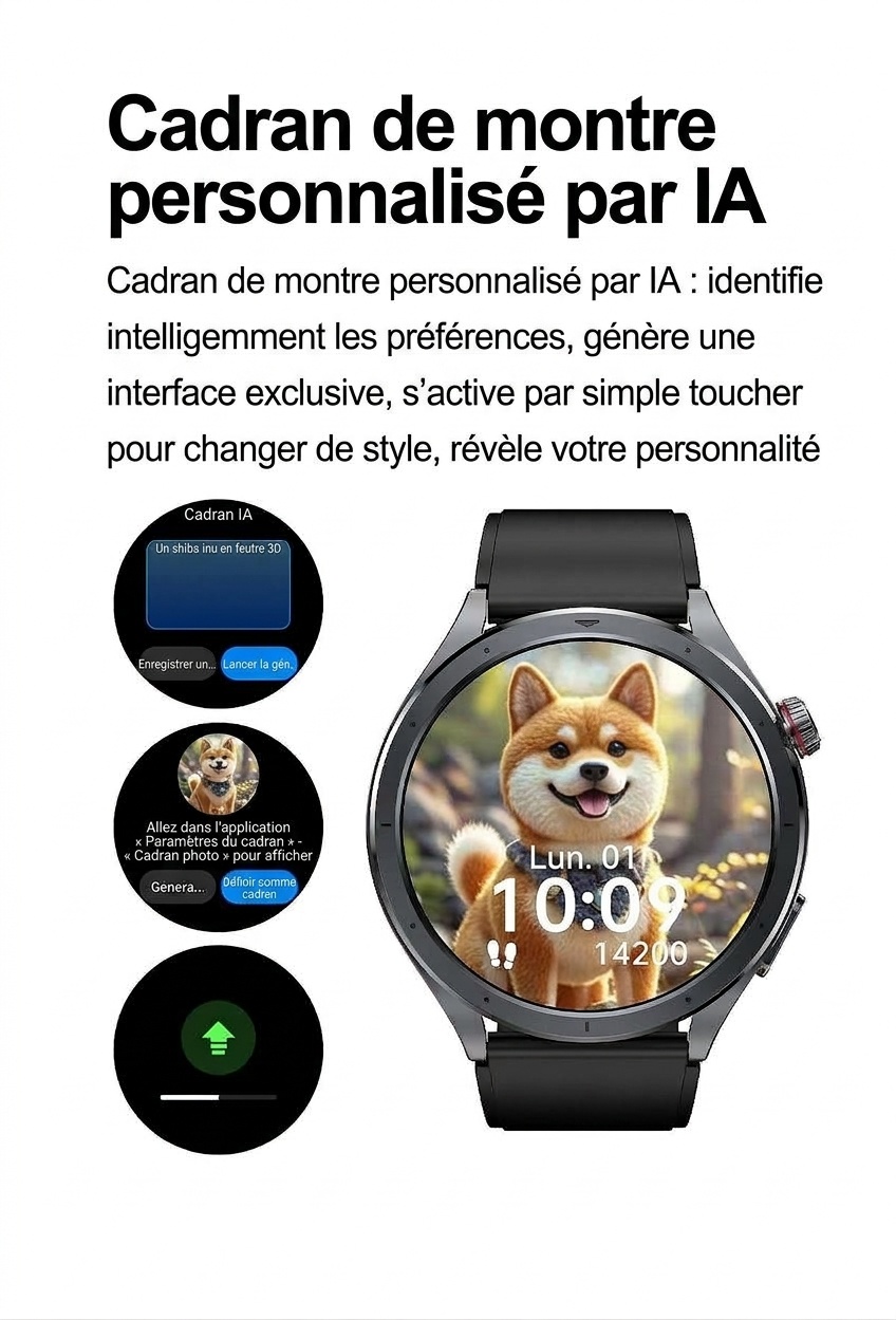 Montre connectée ECG avec intelligence artificielle, écran AMOLED rond et appels Bluetooth