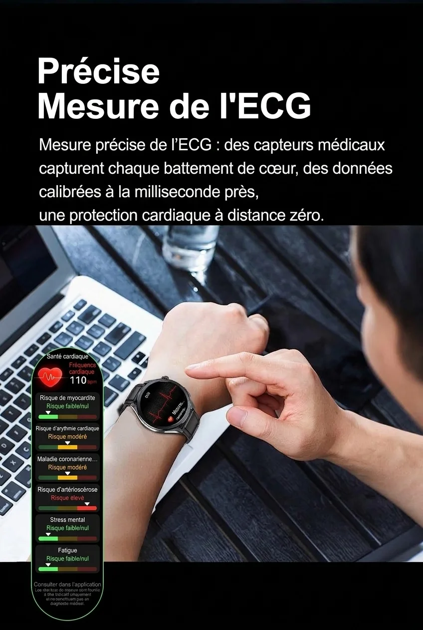 Montre connectée ECG avec intelligence artificielle, écran AMOLED rond et appels Bluetooth