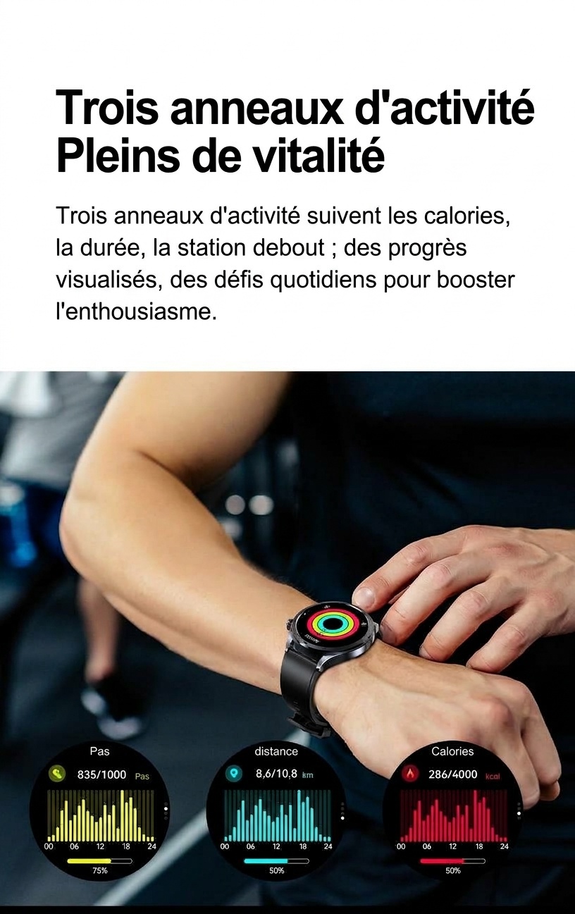 Montre connectée ECG avec intelligence artificielle, écran AMOLED rond et appels Bluetooth