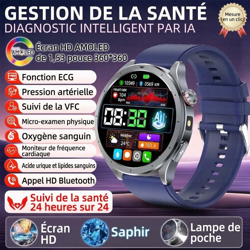 Montre connectée ECG avec intelligence artificielle, écran AMOLED rond et appels Bluetooth