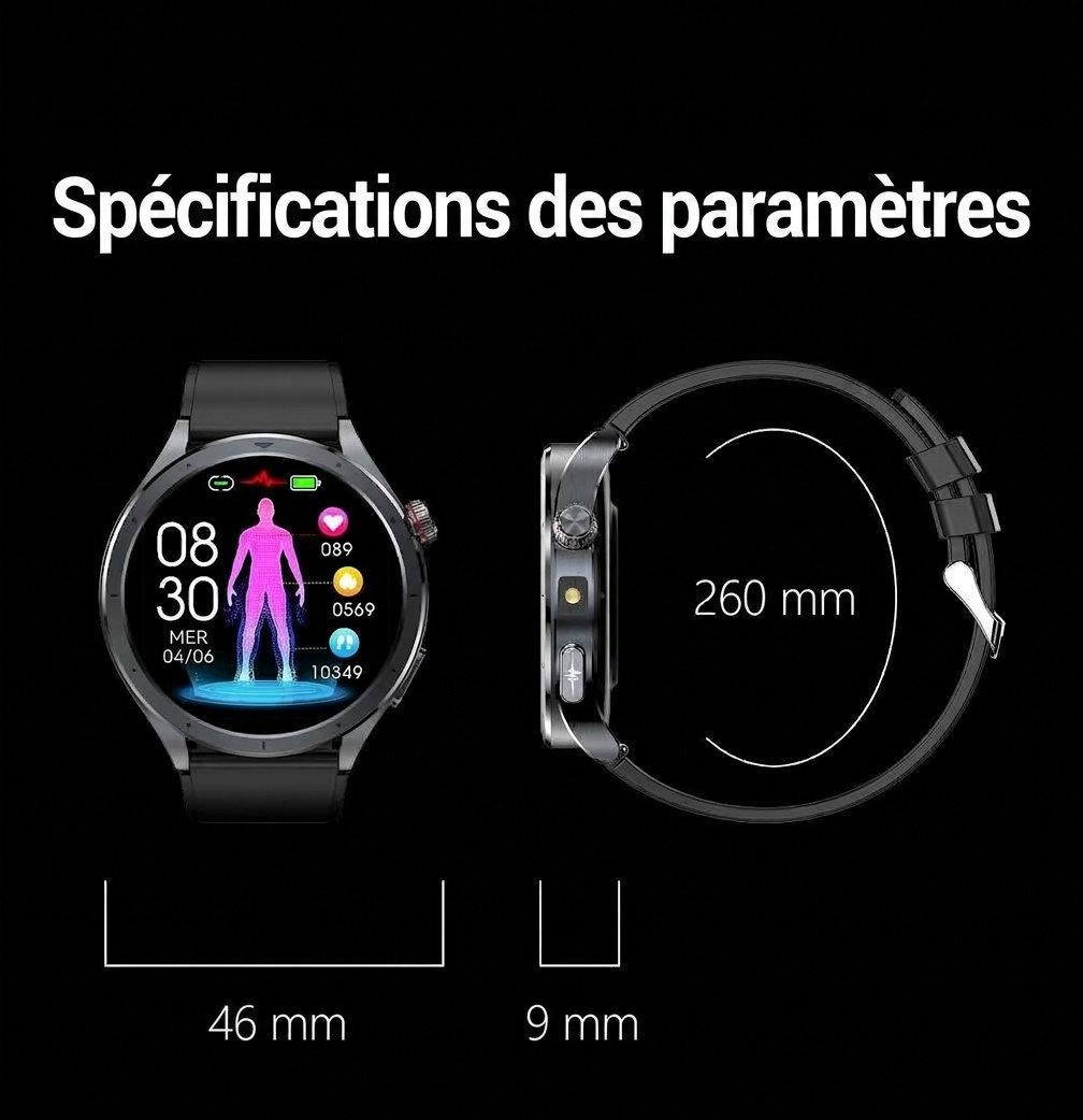 Montre connectée ECG avec intelligence artificielle, écran AMOLED rond et appels Bluetooth
