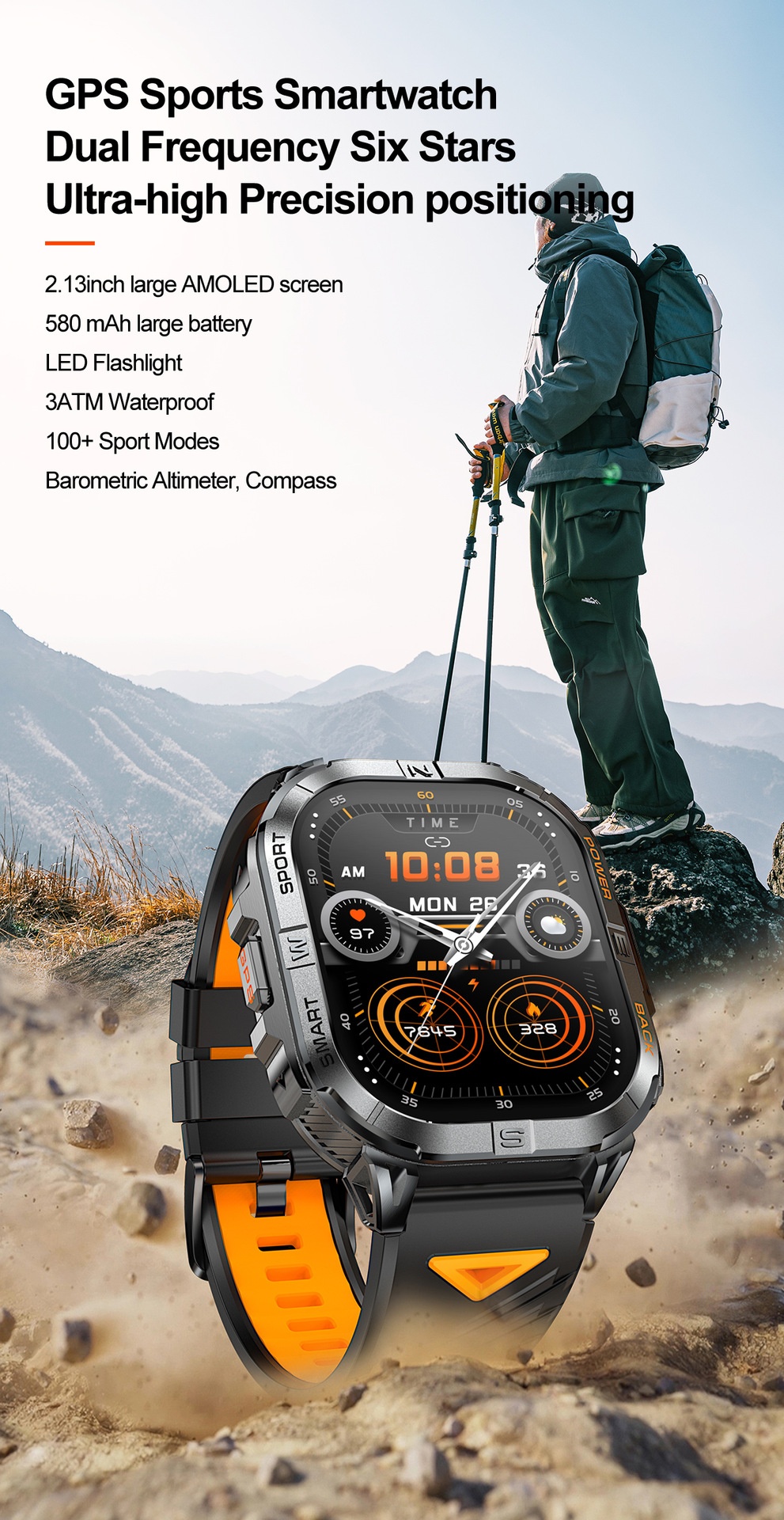 K72 Rugged GPS Sports Smart Watch with Rectangular AMOLED Display & BT Call
